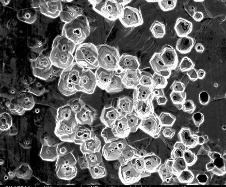 Third Place - Edgar Hornus: Secondary Electron SEM Image showing hexagonal pits on UNS S30403.